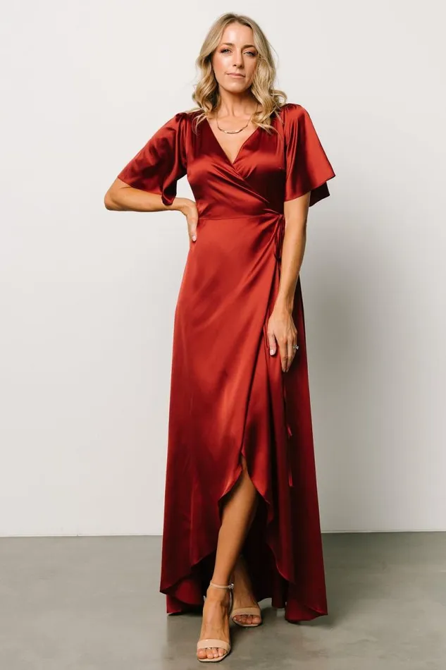 Women Vara Satin Maxi Wrap Dress Terracotta Baltic Born Maxi Dresses