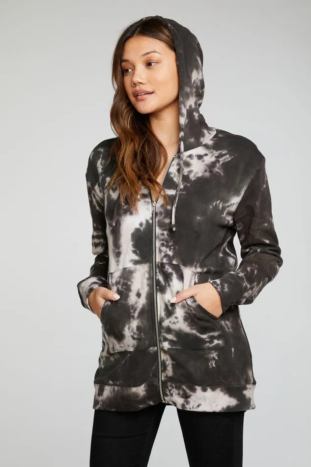 Womens Tops Chaser Brand Cotton Fleece Long Sleeve Zip Up Tunic Length Hoodie