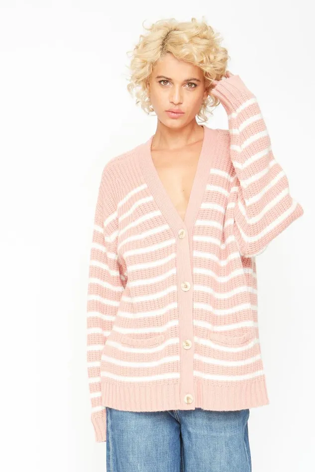 Womens Tops Chaser Brand Grandpa Cardigan Sweater 8211 Pink And White Stripe