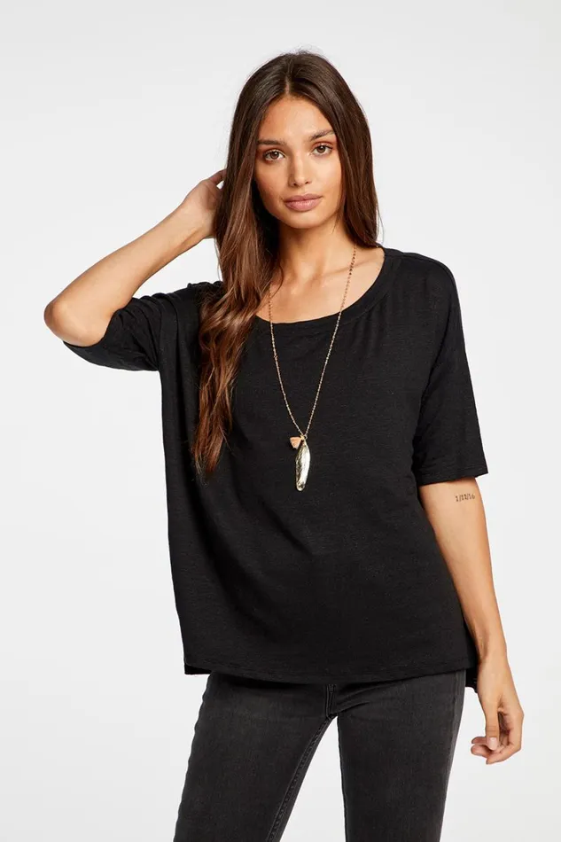 Womens Tops Chaser Brand Linen Jersey Cropped Short Sleeve Boxy Hi Lo Tee