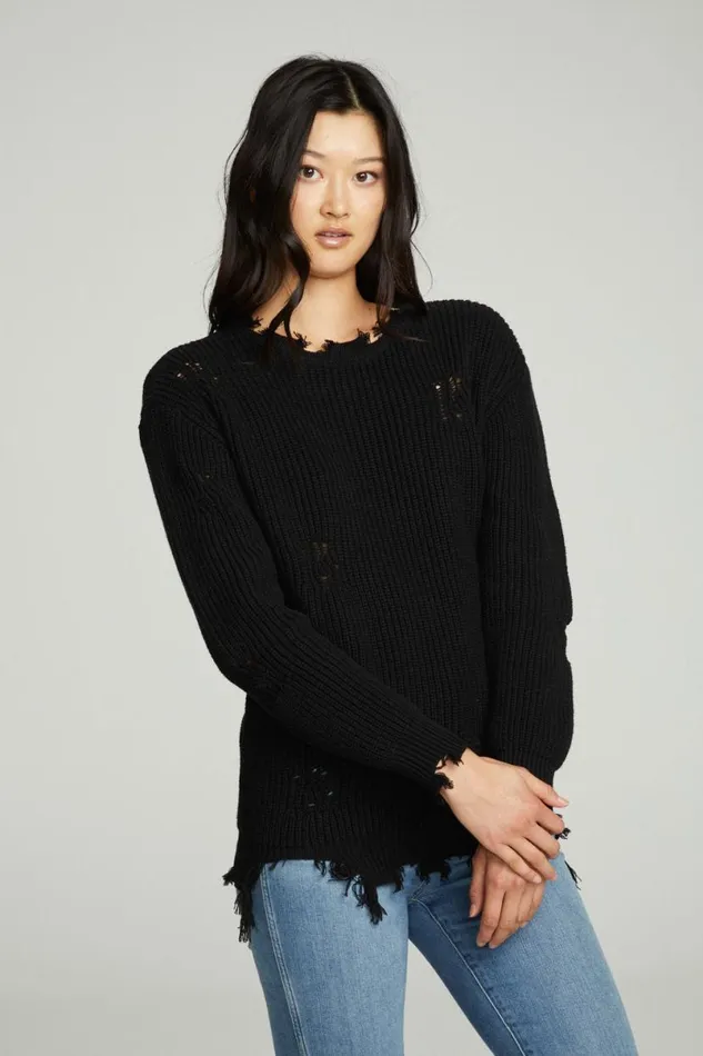 Womens Tops Chaser Brand Long Sleeve Crew Neck Deconstructed Sweater Pullover