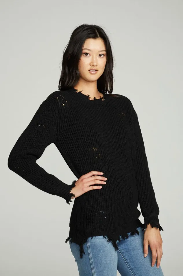 Womens Tops Chaser Brand Long Sleeve Crew Neck Deconstructed Sweater Pullover