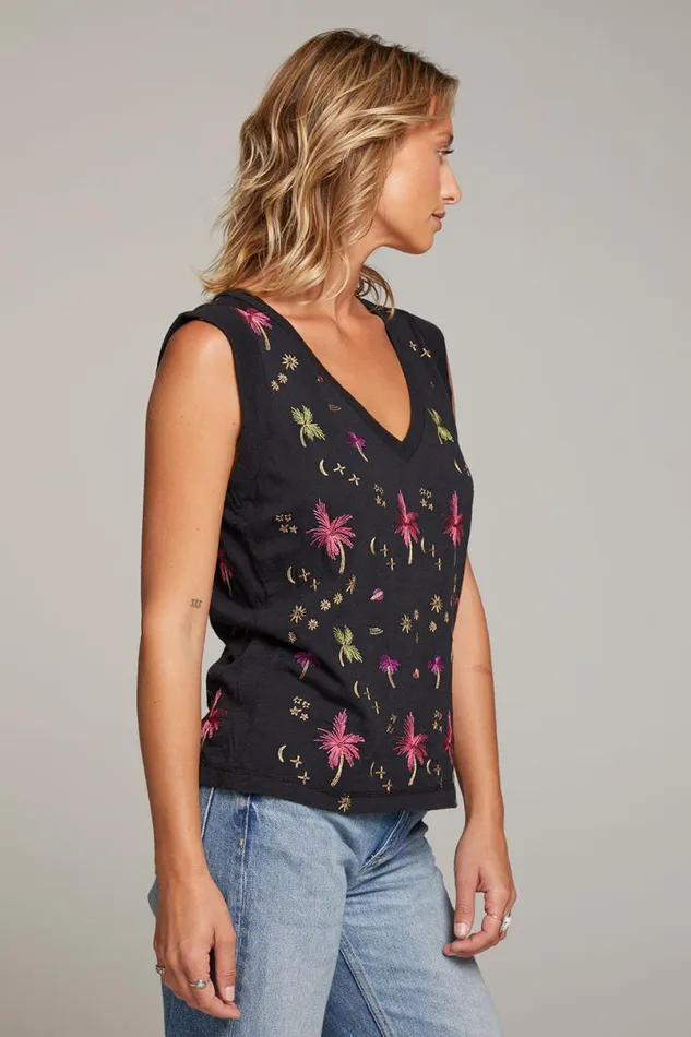 Womens Tops Chaser Brand Rolled Night Palm Armhole Vneck Muscle Tank