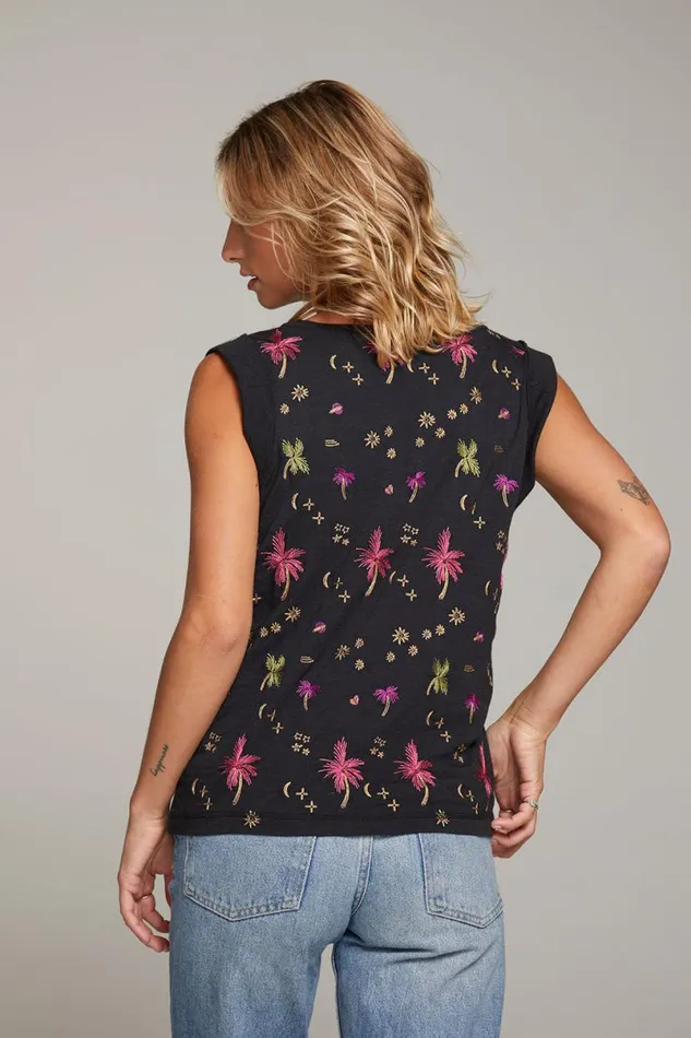 Womens Tops Chaser Brand Rolled Night Palm Armhole Vneck Muscle Tank