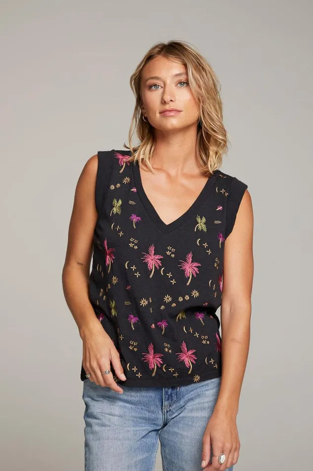 Womens Tops Chaser Brand Rolled Night Palm Armhole Vneck Muscle Tank