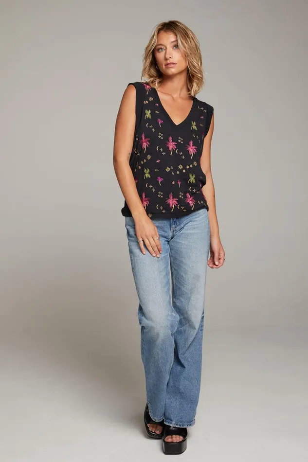 Womens Tops Chaser Brand Rolled Night Palm Armhole Vneck Muscle Tank