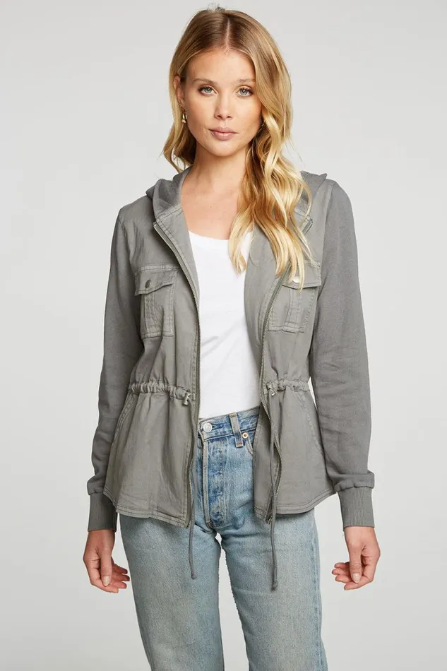 Womens Tops Chaser Brand Stretch Twill Long Sleeve Utility Jacket With Terry And Rib